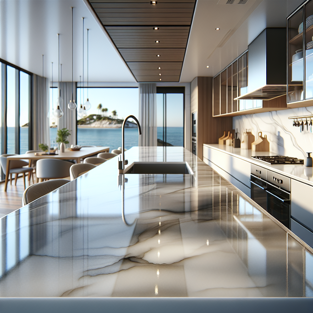 A modern kitchen in Pompano Beach featuring sleek porcelain countertops with a glossy finish.