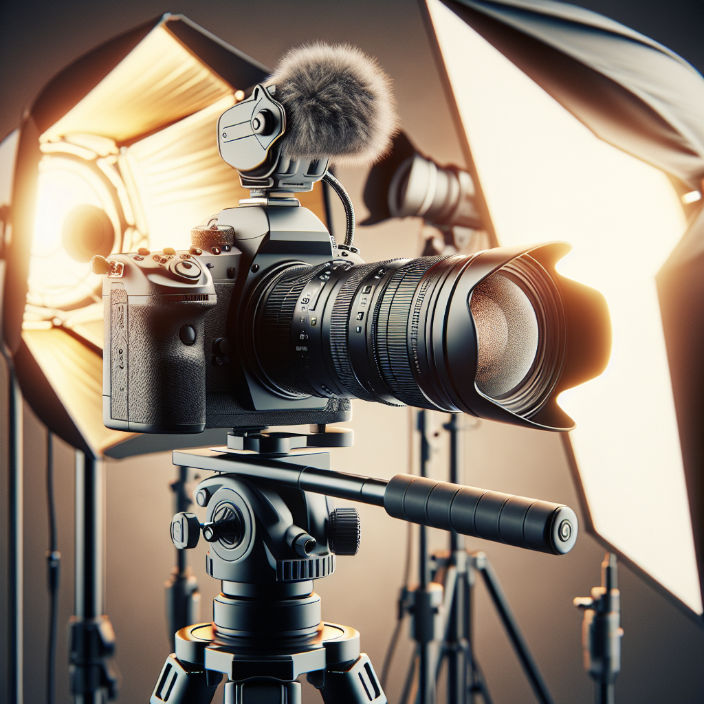 A realistic professional photography studio setup, with camera equipment, lighting gear, and backdrops.