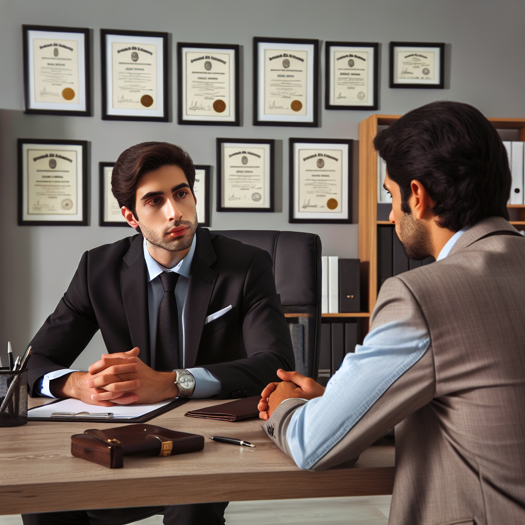 A bondsman discussing with a client in an office.