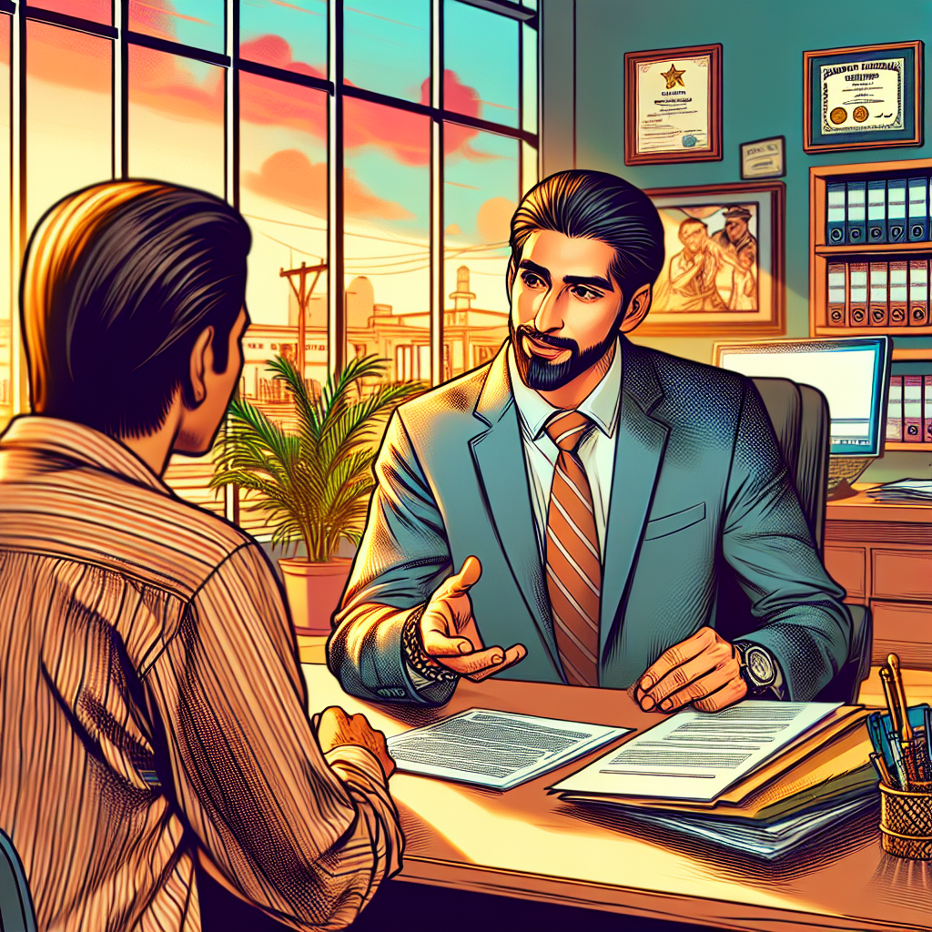A realistic office scene of a bail bonds service with an agent and client.