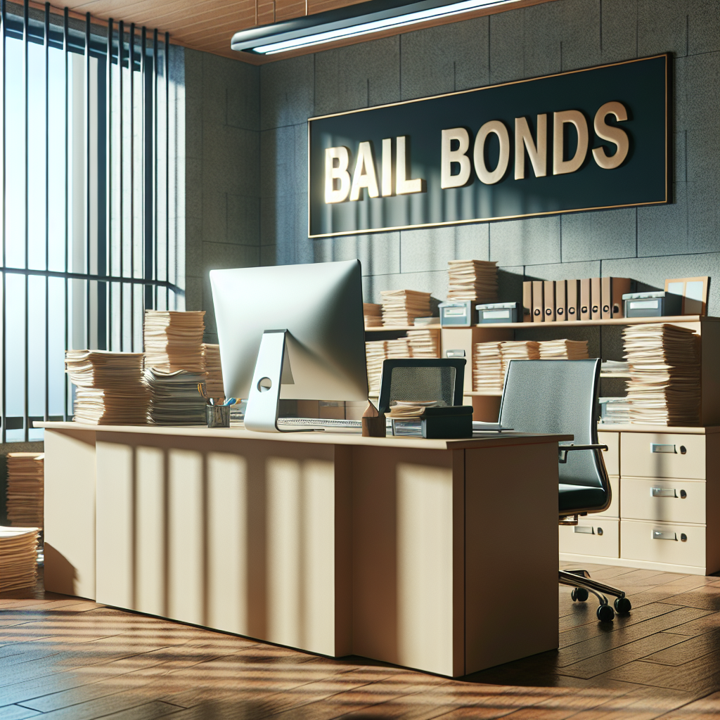 Realistic office setting for a bail bonds service, with a desk, computer, documents, and signage.