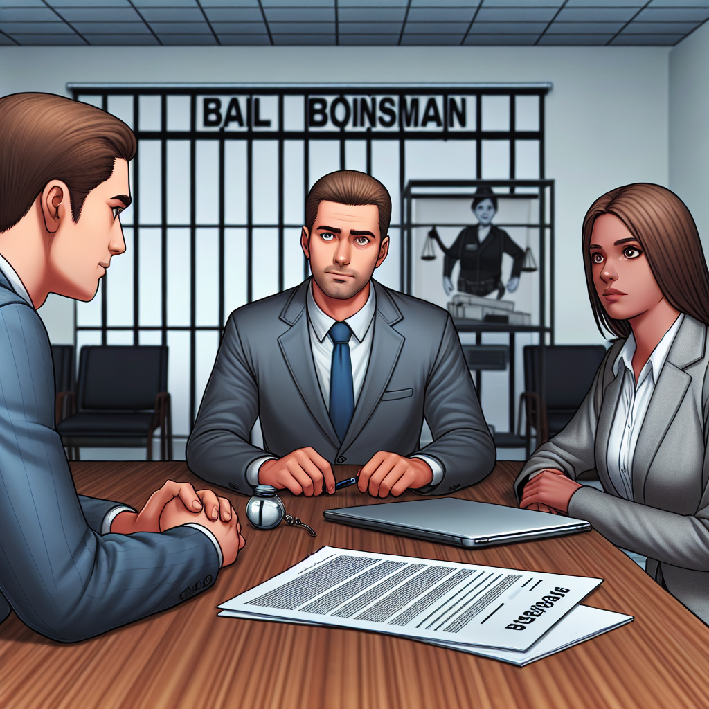 A realistic image of a bail bondsman consultation in an office.