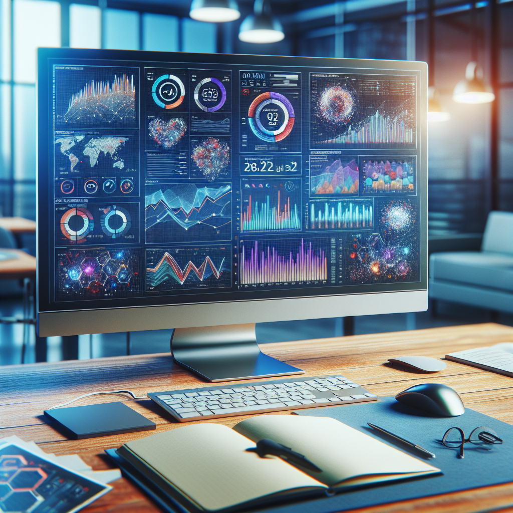 An office setting showcasing a computer screen with customer retention metrics and graphs for digital marketing analytics.