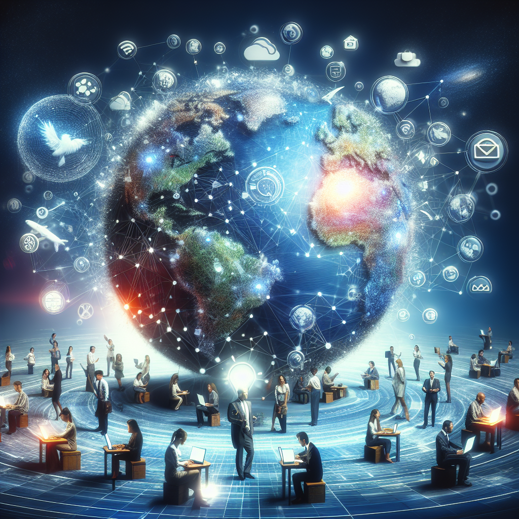 A realistic image of a diverse group of people partaking in digital marketing activities around a digitally connected globe, symbolizing global excellence in digital marketing.