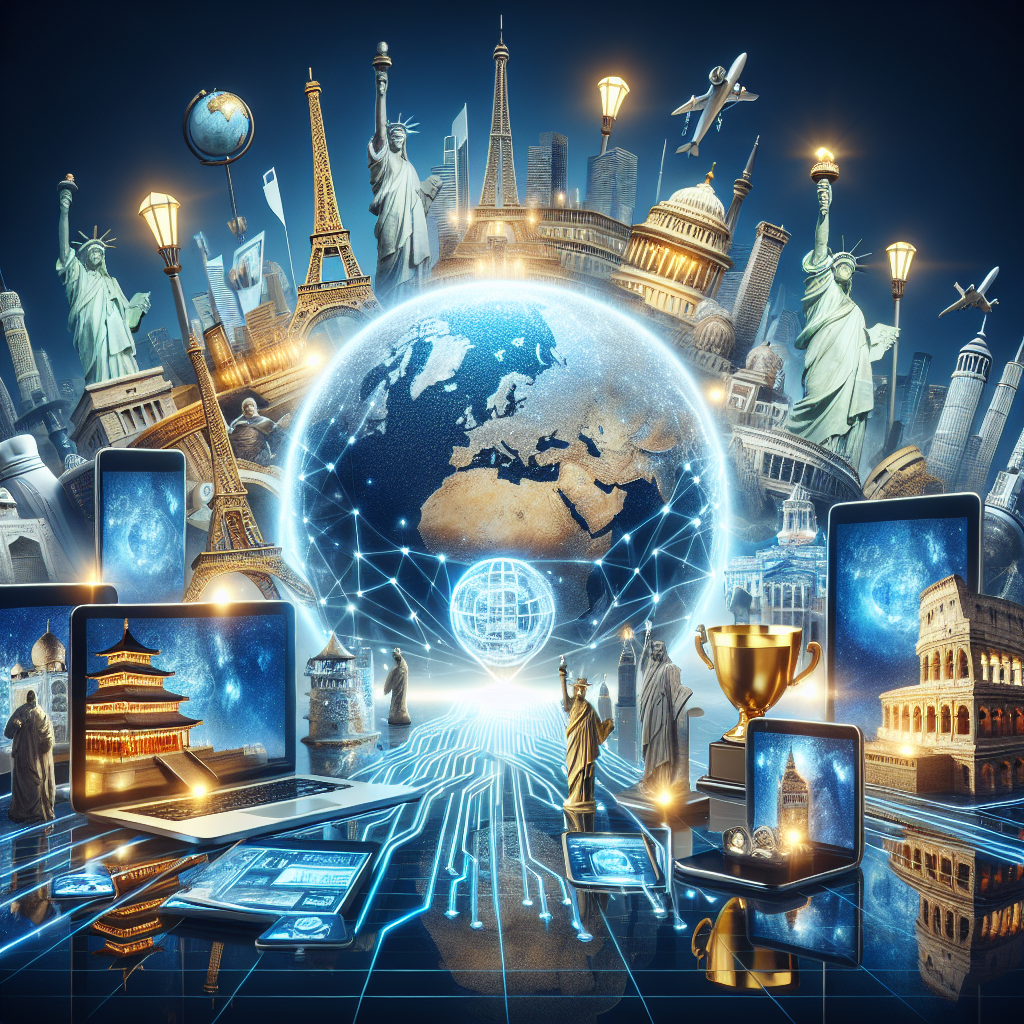 An image symbolizing global excellence in digital marketing, combining digital devices, global landmarks, and symbols of success in a realistic style.