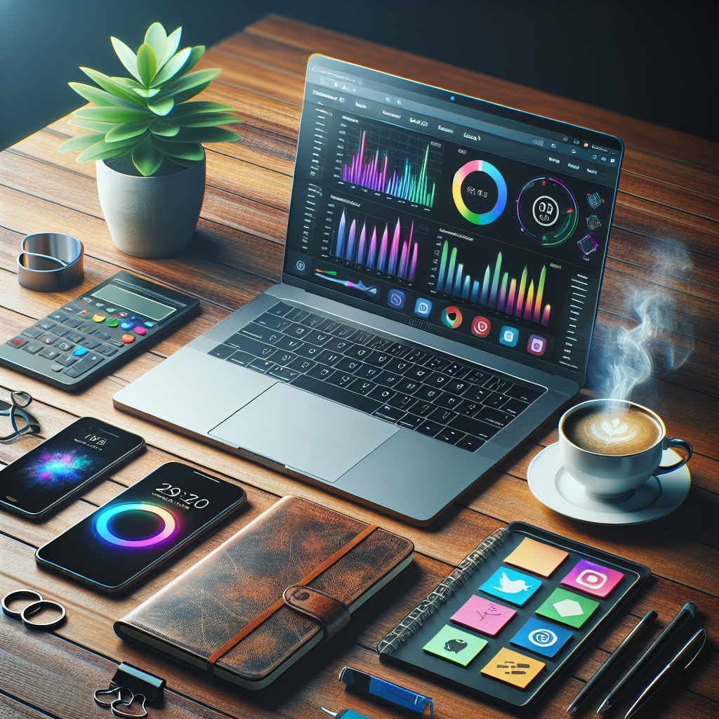 A realistic image of a desk with digital marketing tools including a laptop, smartphone, notebook, sticky notes, coffee cup, and plant.