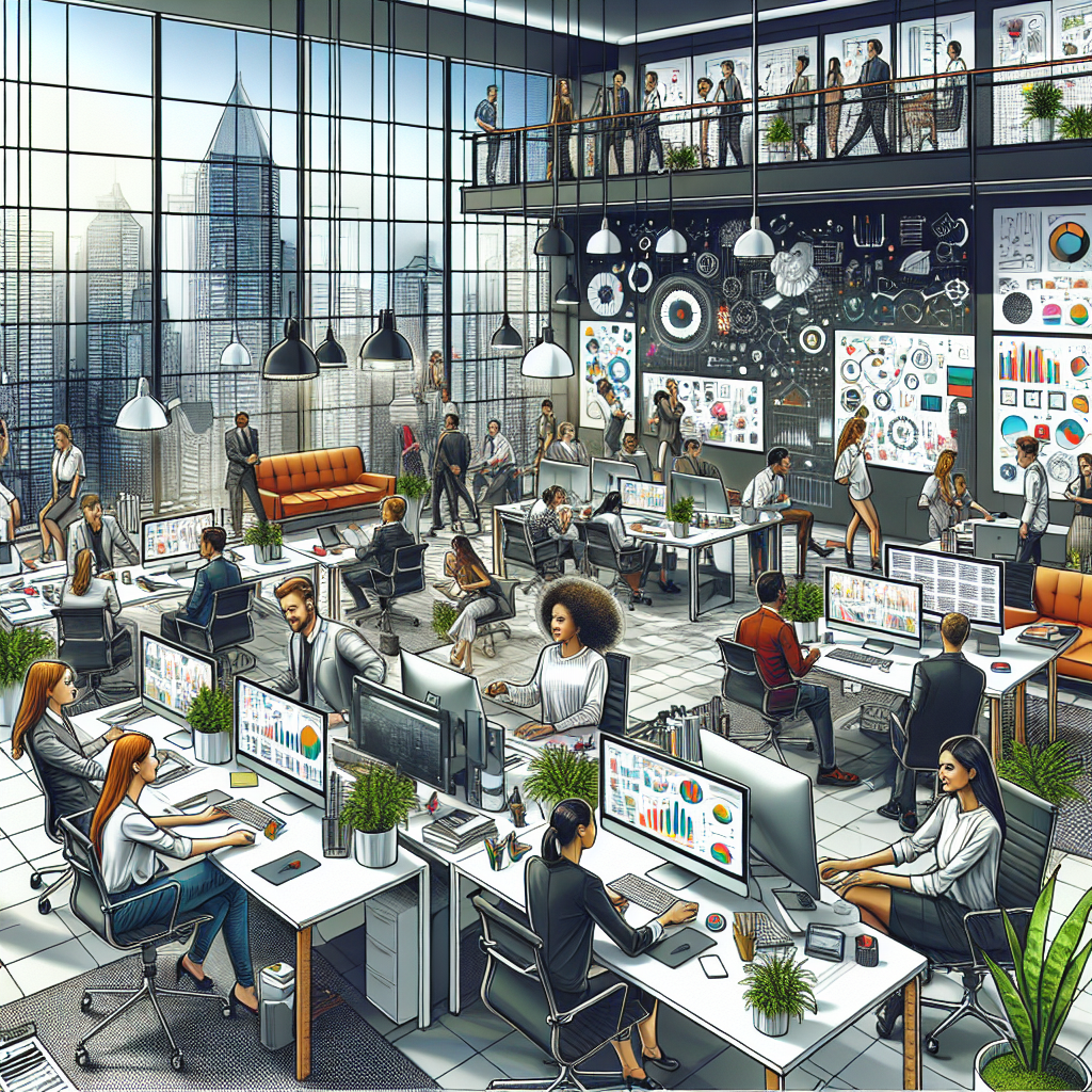 A modern, realistic depiction of a digital marketing agency office.