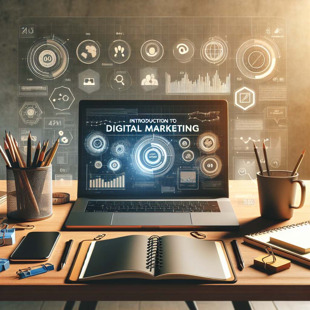 Realistic image of a modern workspace representing digital marketing introduction with a laptop showing a marketing dashboard.