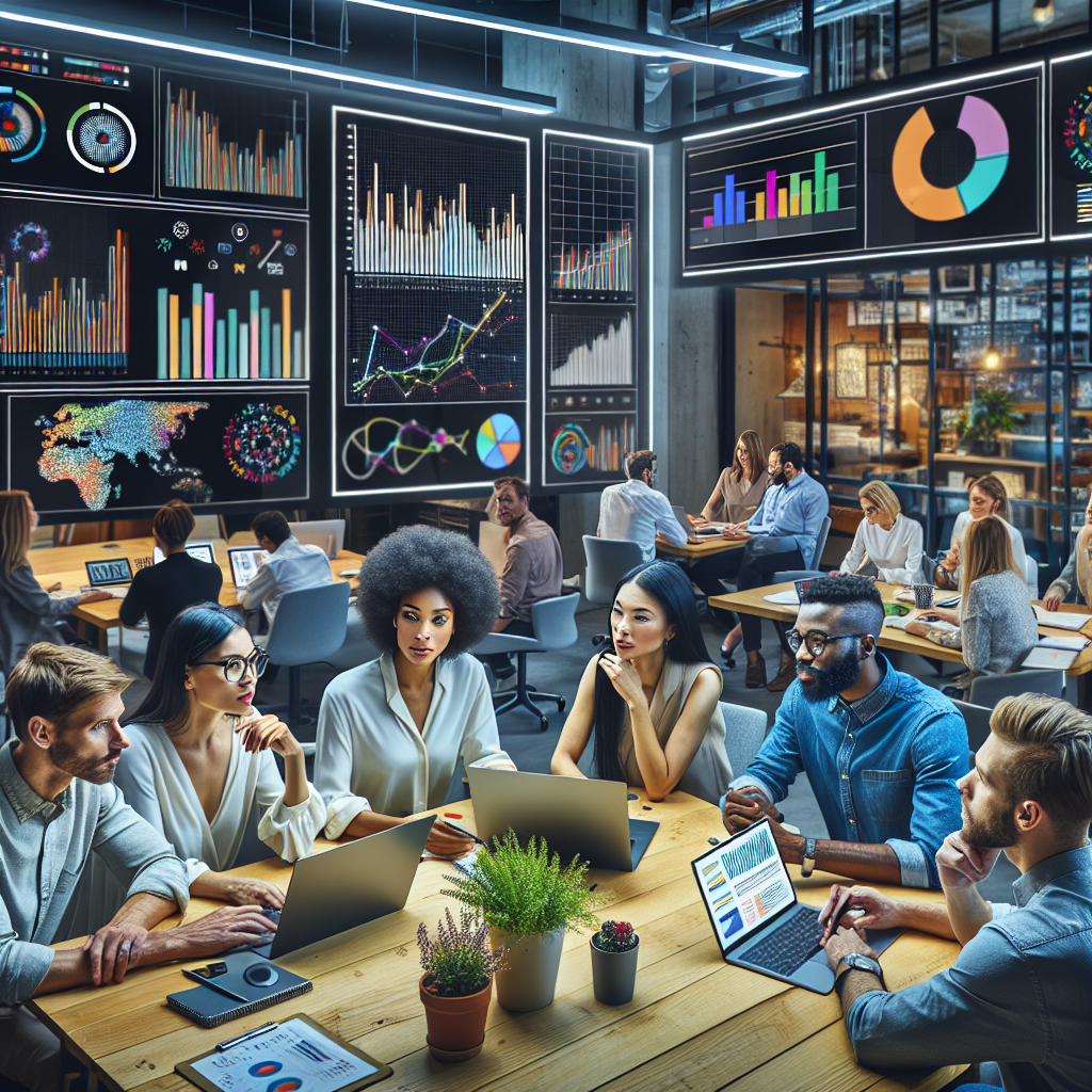 A group of professionals in a modern office discussing a digital marketing strategy.