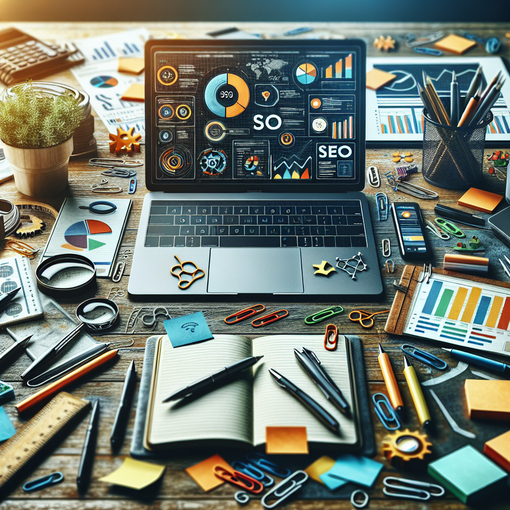A realistic depiction of a workspace with a laptop showing SEO and marketing tools, surrounded by planning materials.