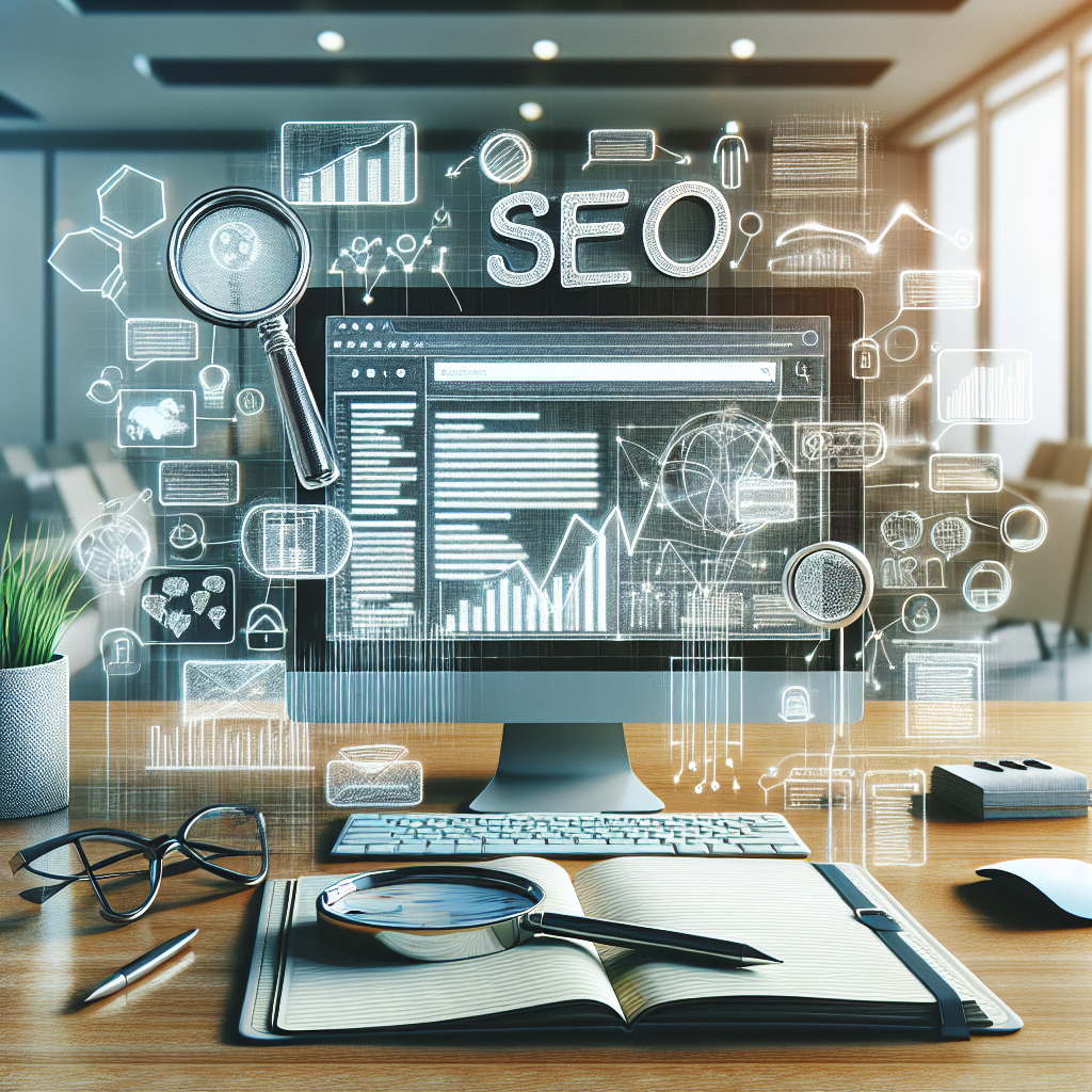 SEO marketing concepts with computer screen, analytics, and SEO-related icons.