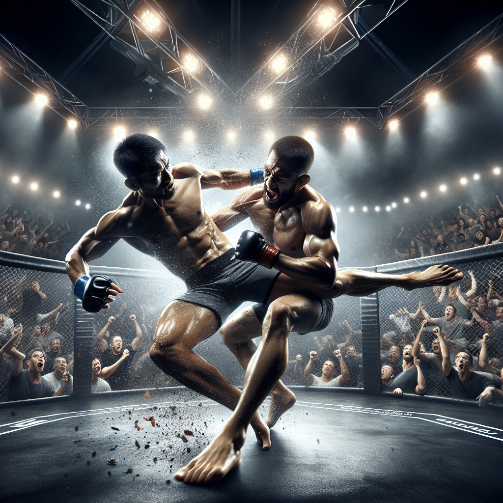 Realistic MMA fight scene with two fighters in action inside an octagonal cage surrounded by a cheering crowd.