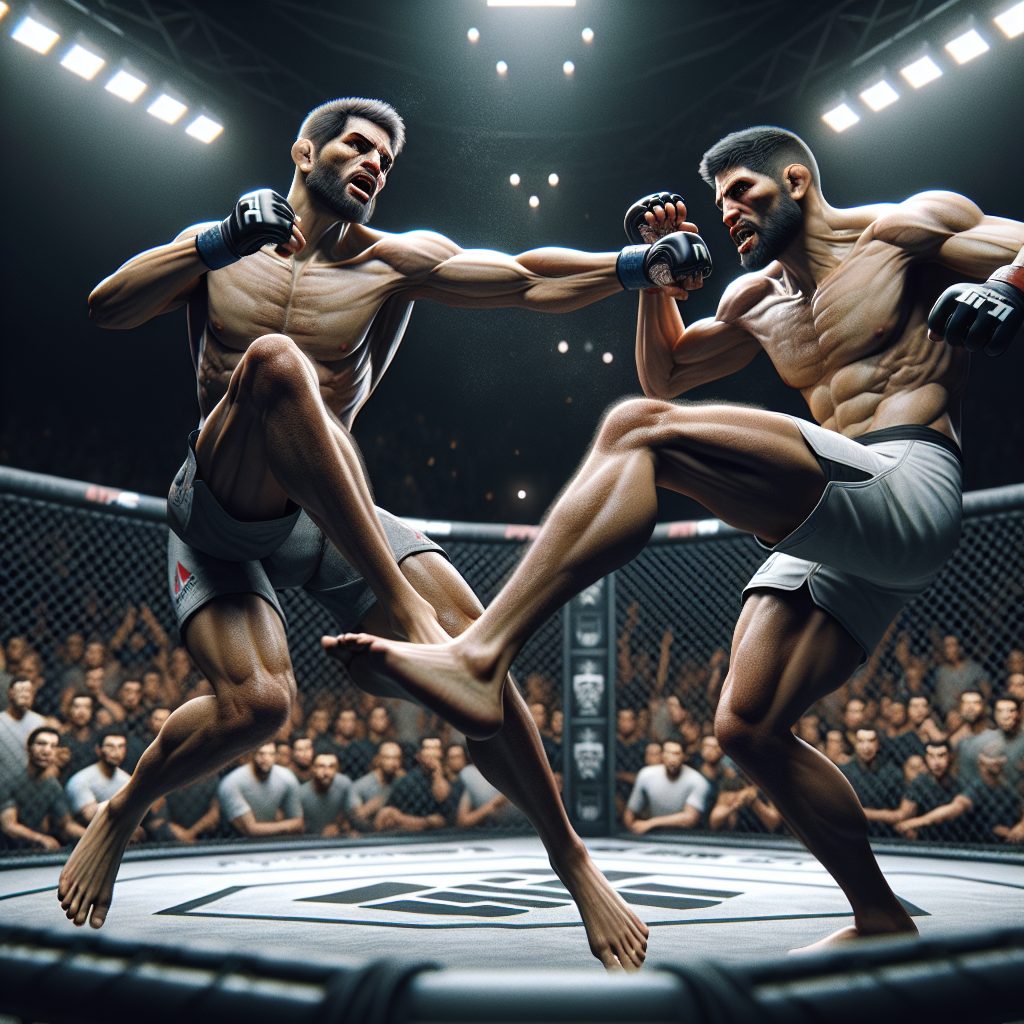 Realistic MMA scene inside the octagon with fighters in action, detailed anatomy and fight gear.