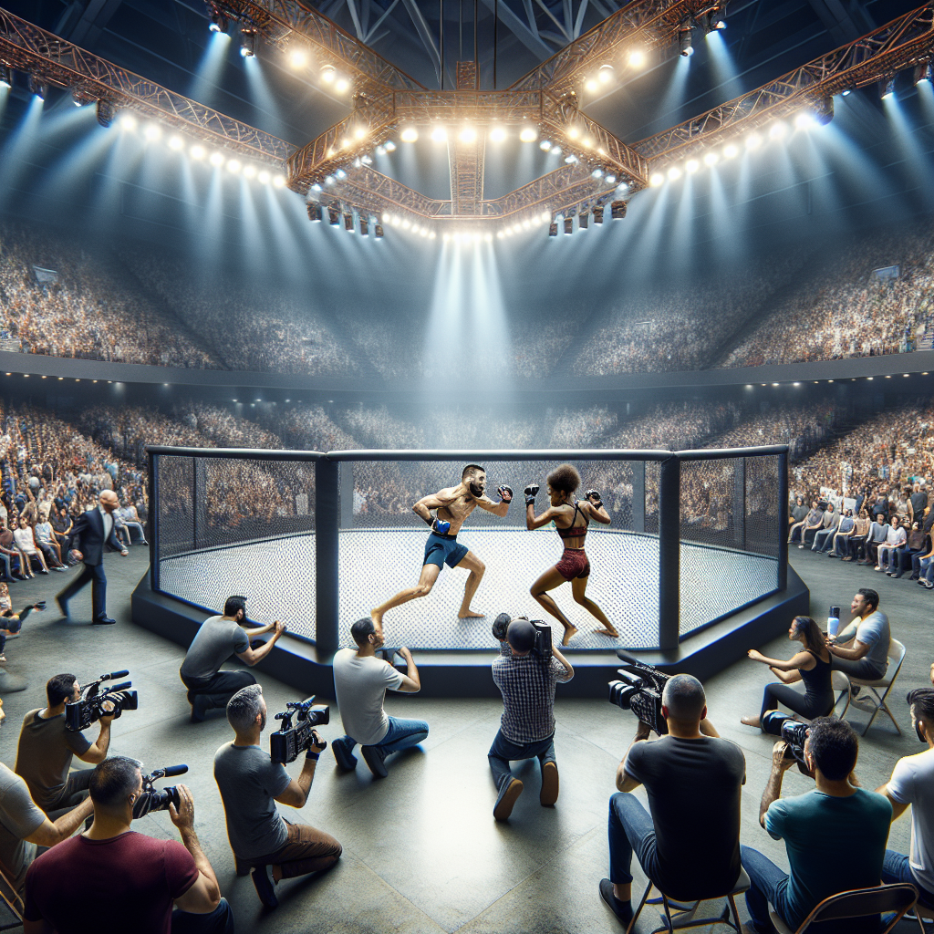 An intense MMA fight inside a stadium octagon with a lively audience and media coverage.