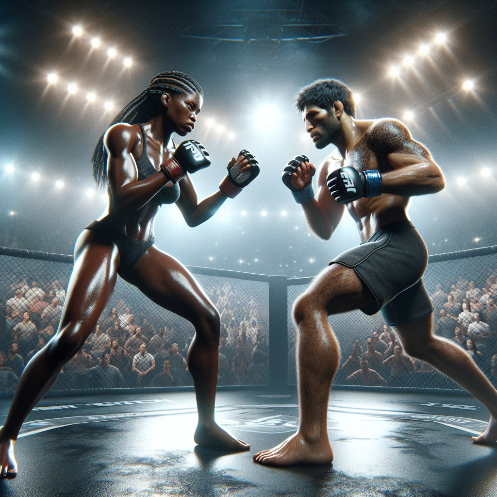 A realistic depiction of a Mixed Martial Arts (MMA) event with fighters mid-action in the octagon.