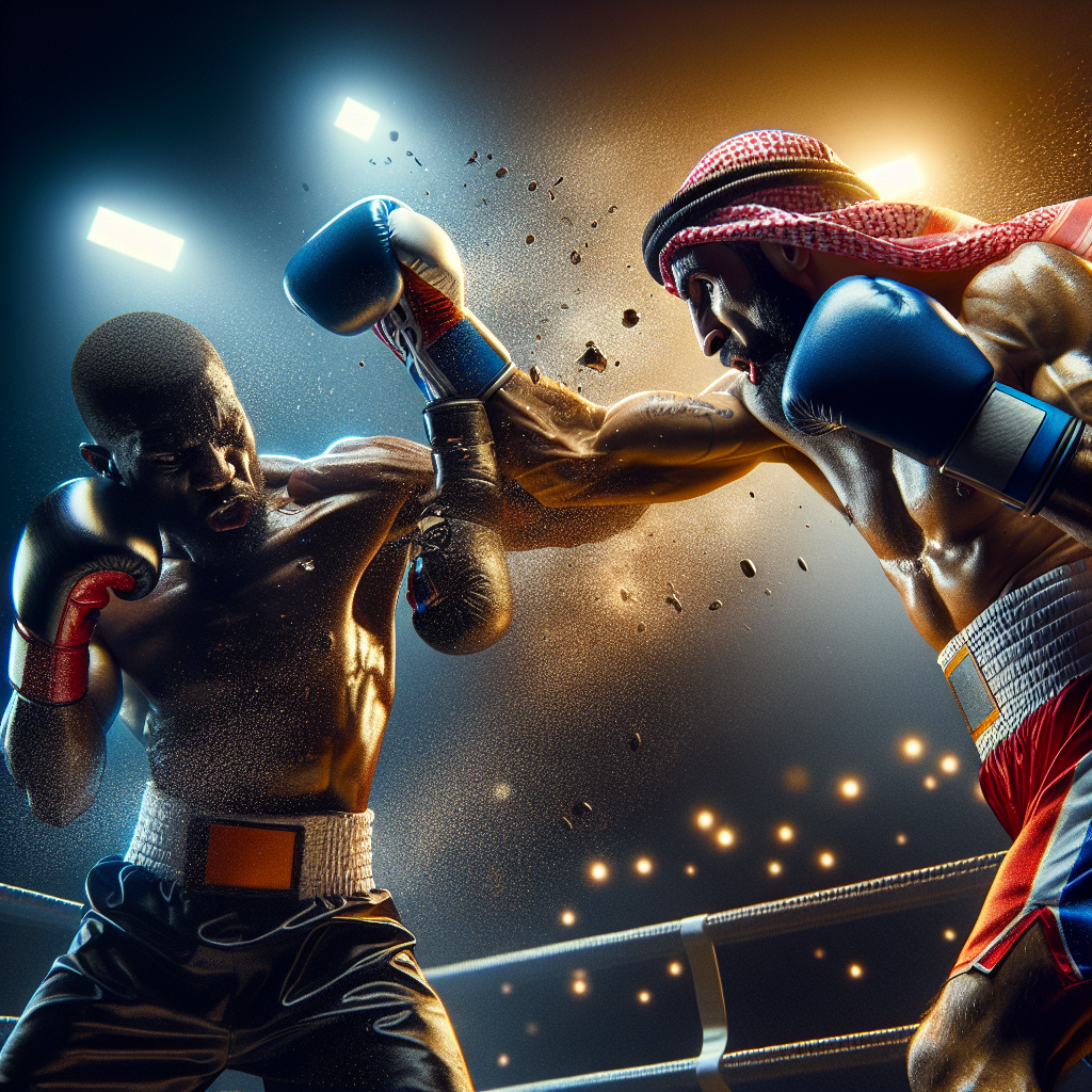 A realistic boxing match with one fighter landing a powerful punch.