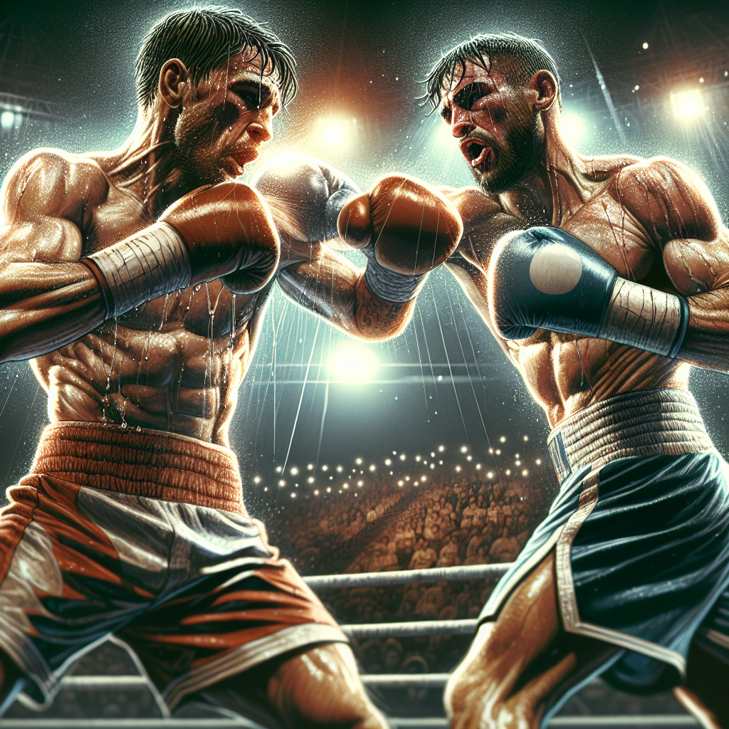 Two boxers in the middle of an intense professional boxing match in a crowded arena with bright lighting.