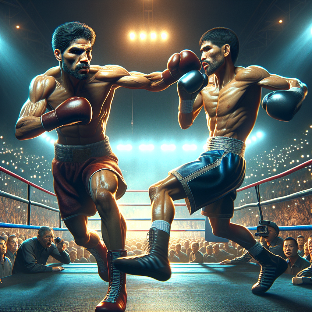 A realistic boxing match with fighters in action and an engaged audience.