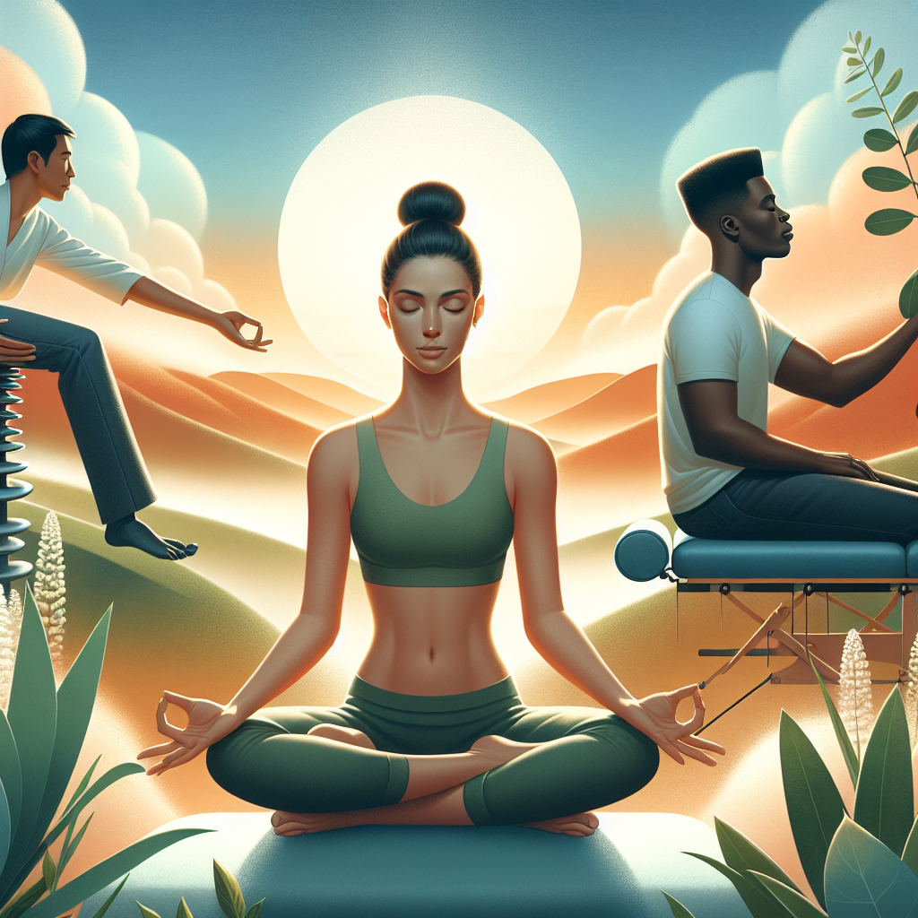 A tranquil scene representing holistic therapy with individuals meditating, receiving treatments, and surrounded by nature.