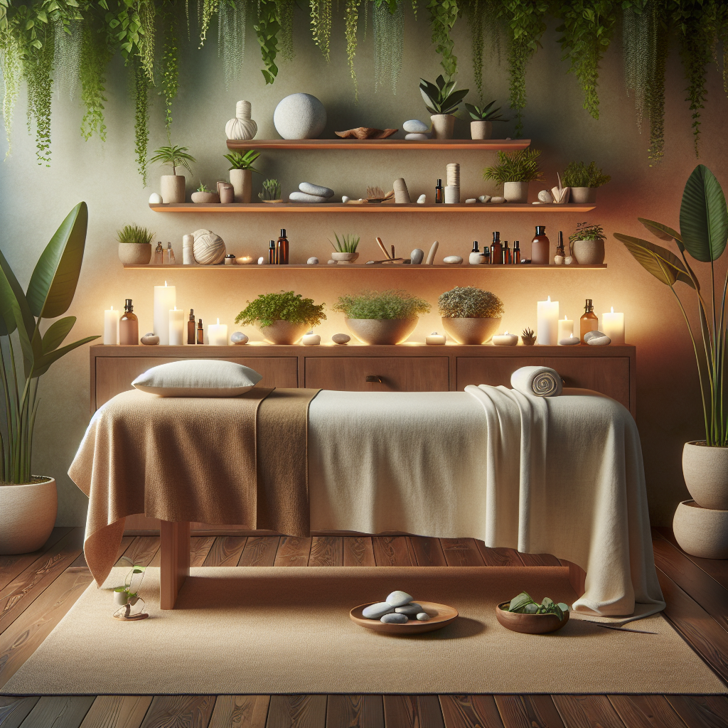 A serene wellness space designed for holistic therapy with treatment table, plants, and healing tools.