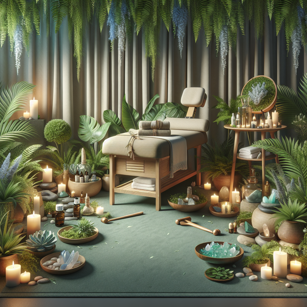 A serene spa setting for holistic therapy with a massage table, plants, essential oils, and soft lighting.