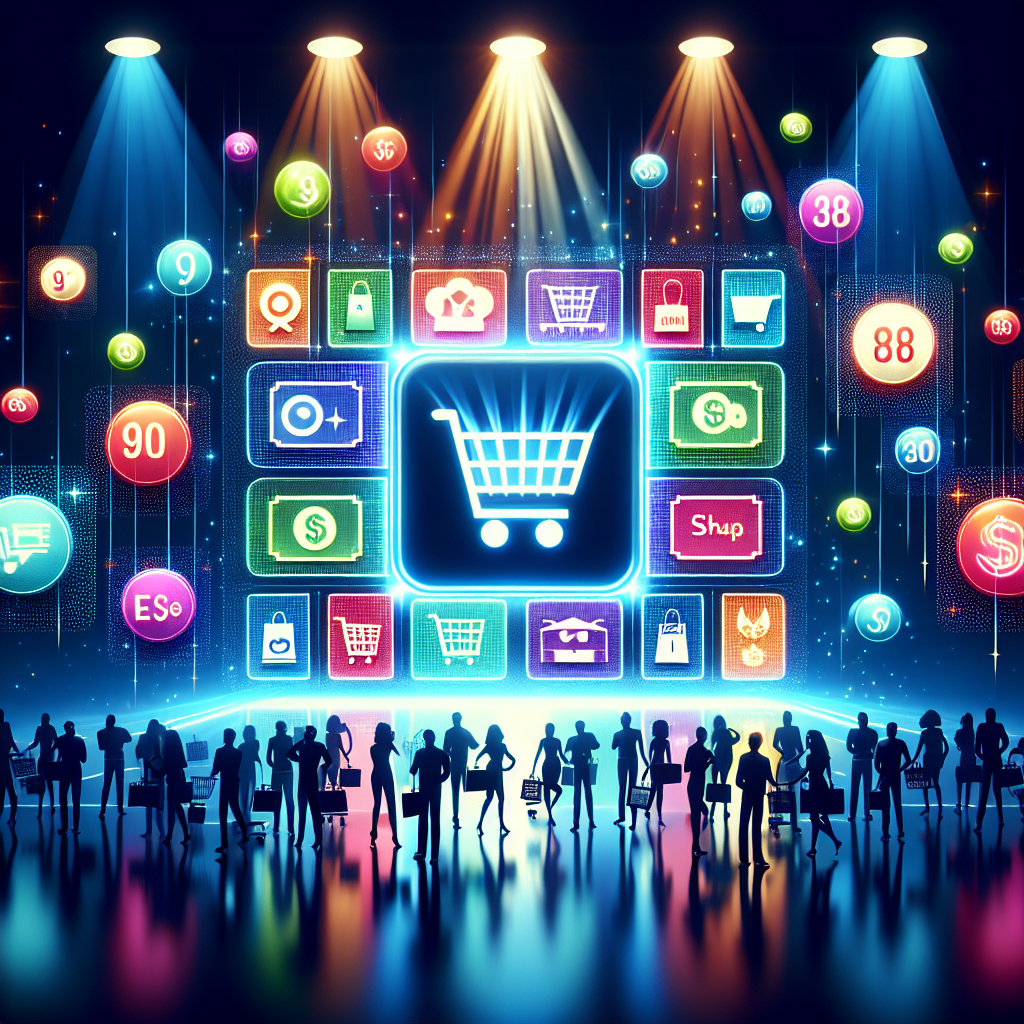 A vivid online shopping scene with glowing screens, products with discount badges, an inviting 'Shop Now!' button, and silhouettes of shoppers, all symbolizing exclusive online deals.