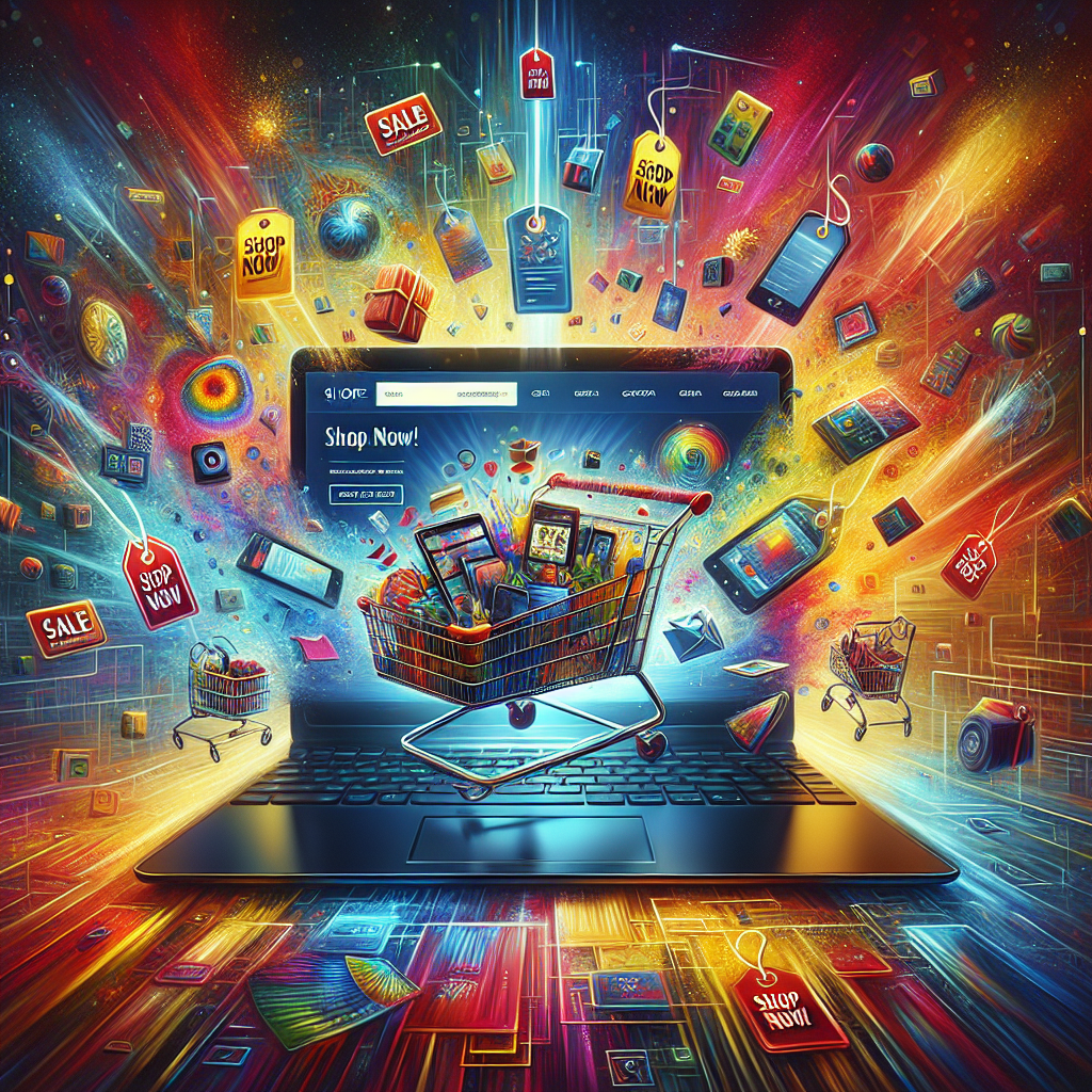Digital painting of an open laptop on a website with a 'Shop Now!' button, surrounded by colorful sale tags and discounts, set against an abstract bright colored background.