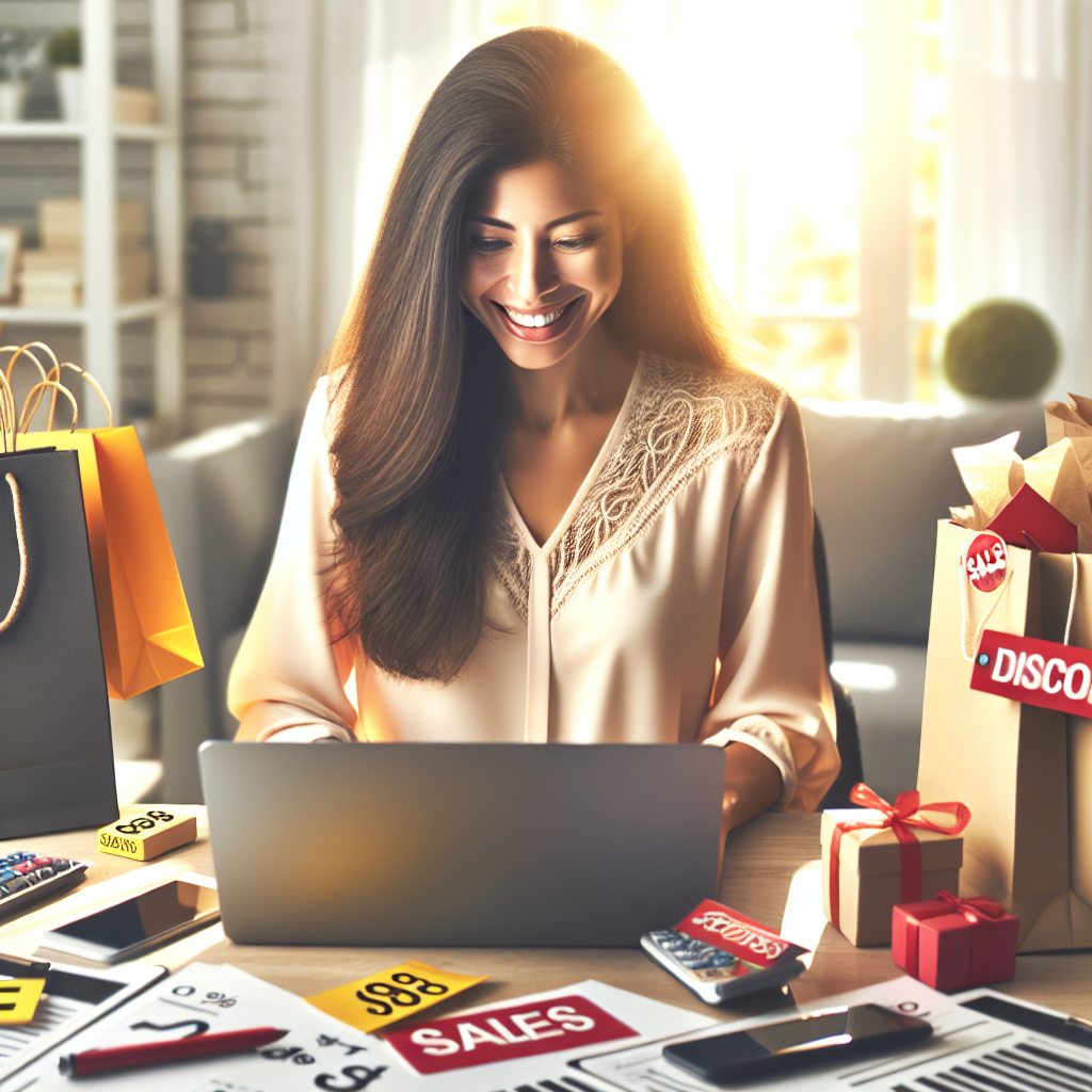 A person shopping online at a desk with various items and price tags, showcasing online shopping savings.