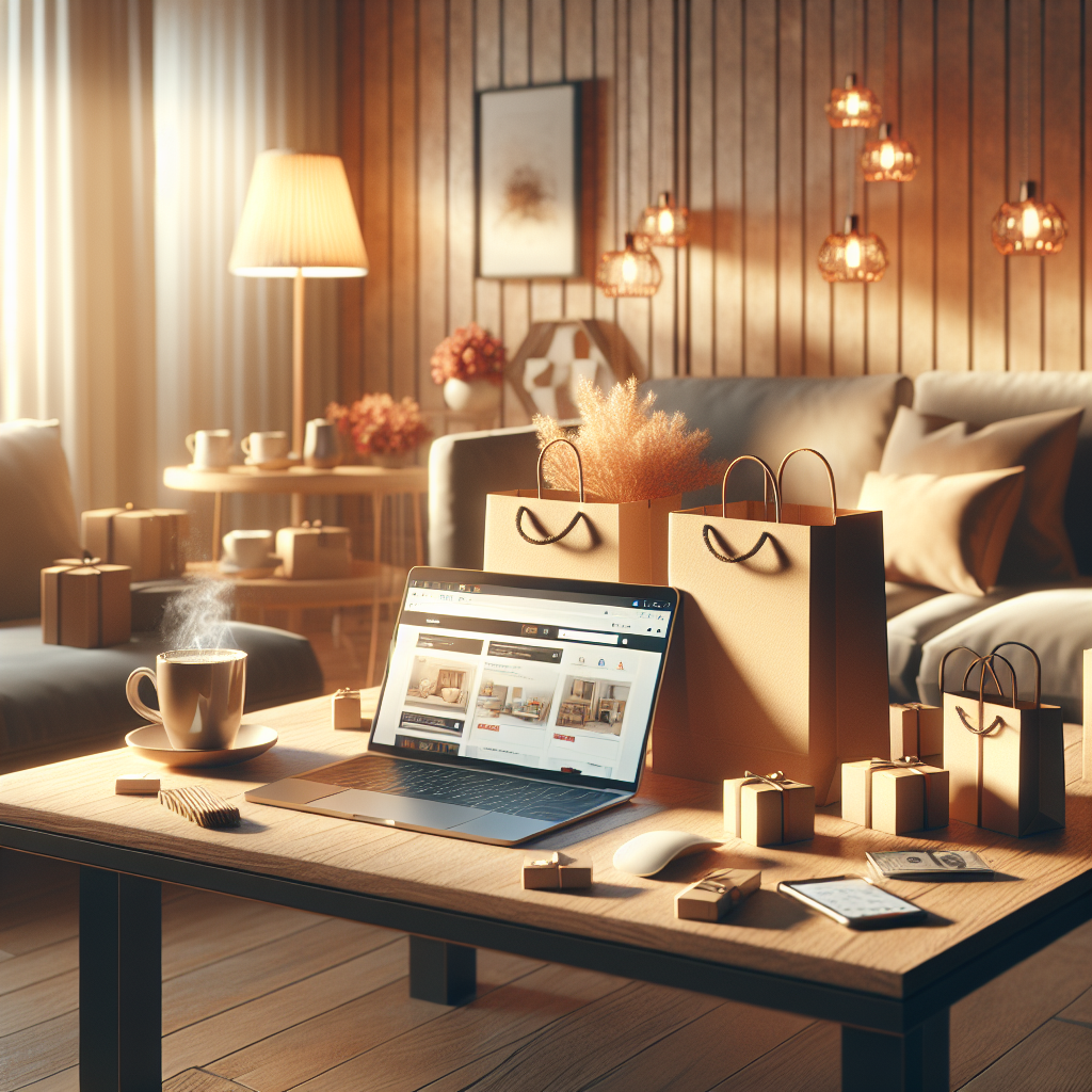 A cozy home environment with a laptop displaying an online shopping website, surrounded by packages and shopping bags.