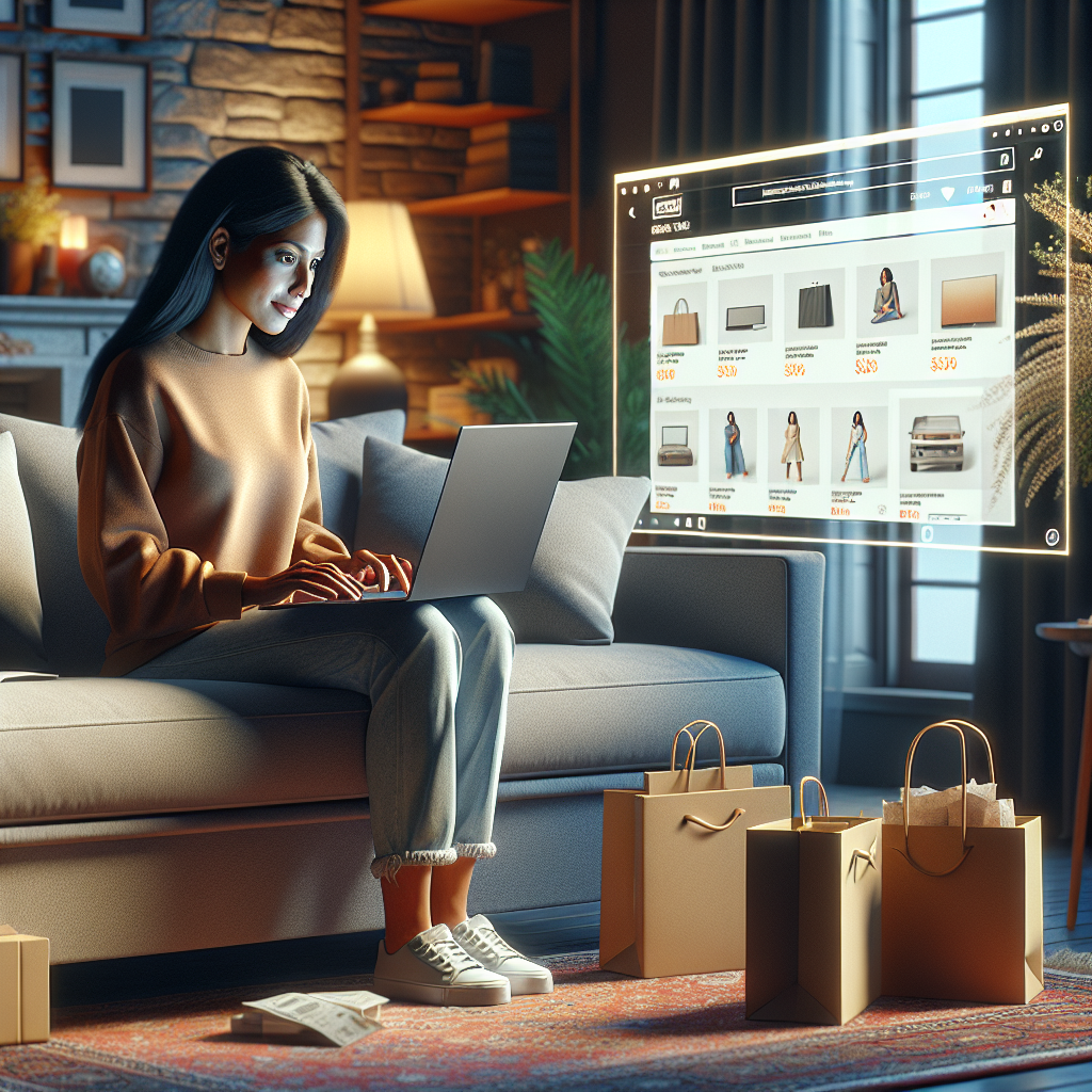 A person using a laptop to shop online from a cozy living room with packages and shopping bags around.