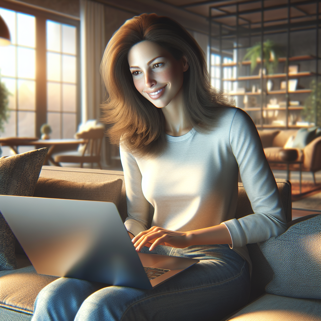 A woman happily shopping online on her laptop in a cozy, modern living room.