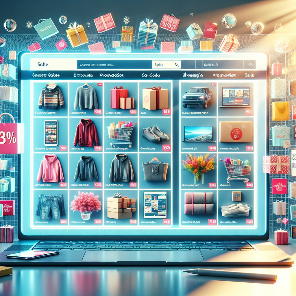 A realistic image of an online shopping interface featuring various discounted products, viewed on a sleek laptop.