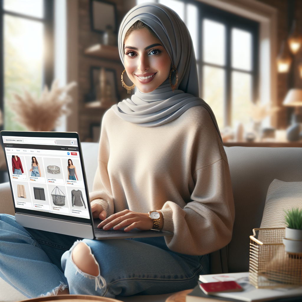 A woman shopping online in a cozy living room setting, highlighting the benefits of online shopping.