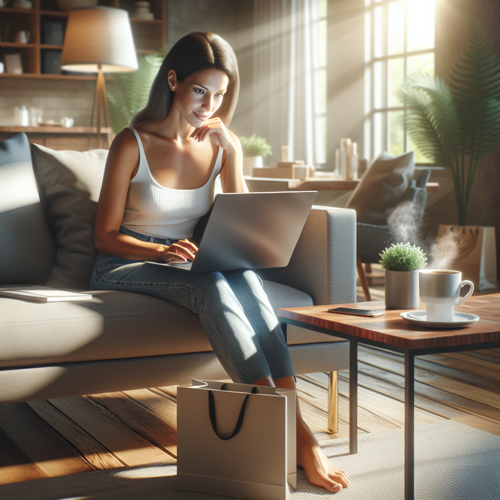 A person shopping online from home, sitting on a sofa with a laptop in a cozy living room.