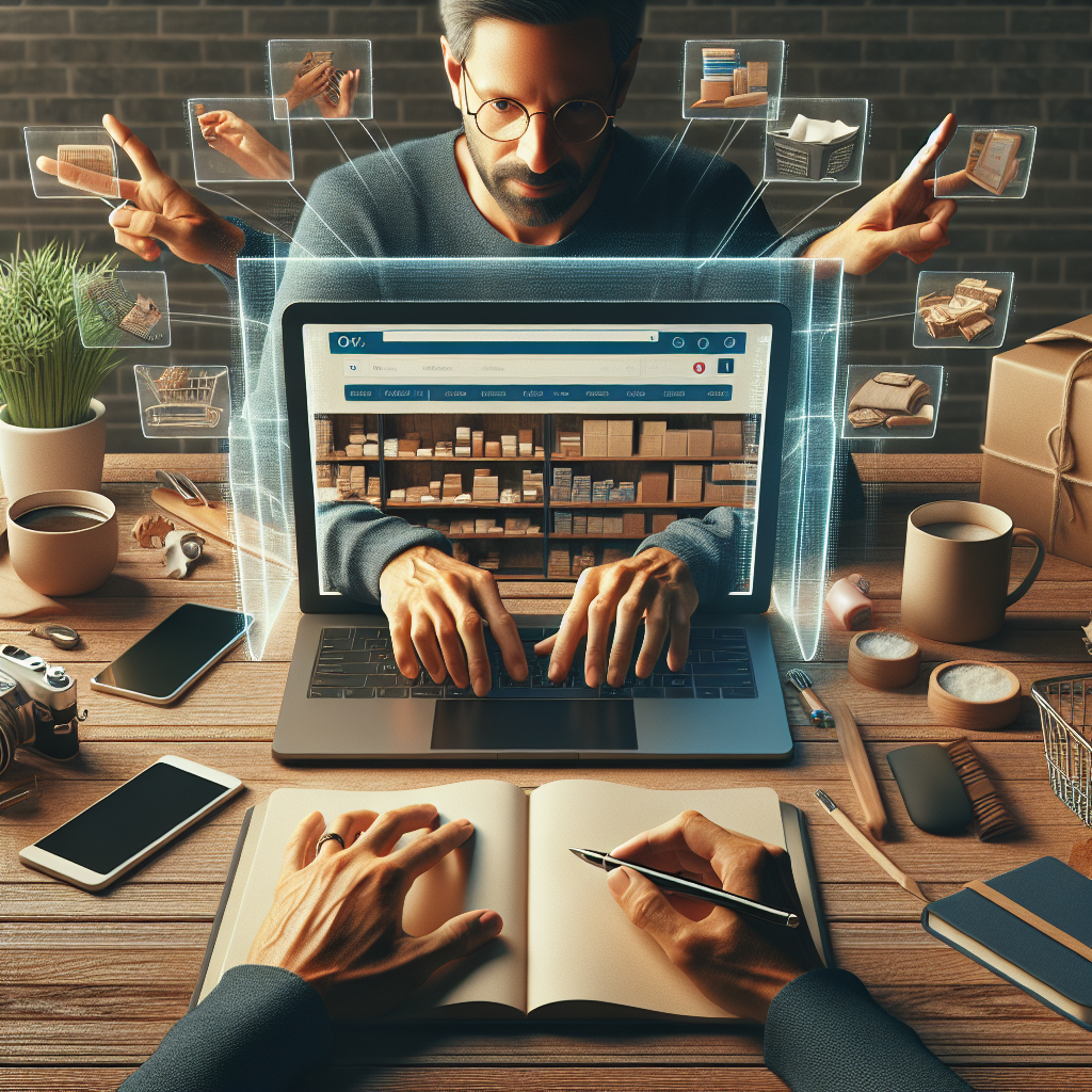 A realistic depiction of a person shopping online with a laptop, surrounded by a coffee cup, notepad, and phone on a desk.