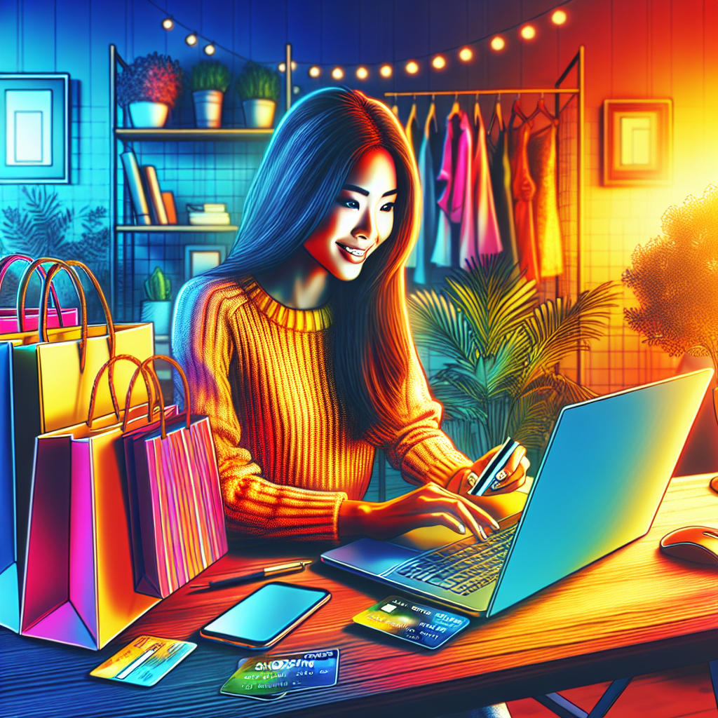 A young woman happily shopping online on her laptop at a modern desk with shopping bags and a credit card nearby.