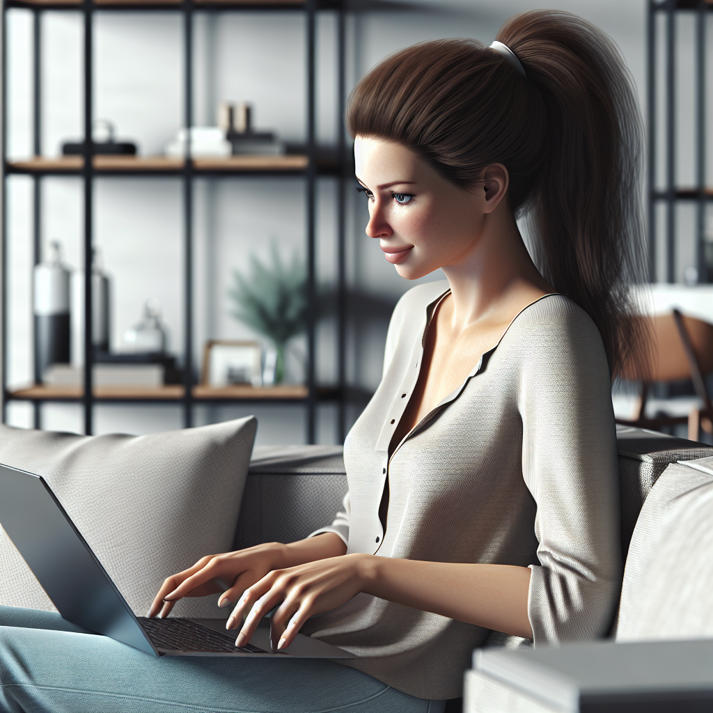 A woman sitting on a couch using a laptop for online shopping, in a modern, well-lit living room.