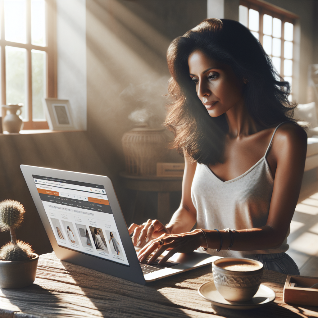 A person using a laptop to shop online in a cozy, well-lit room.