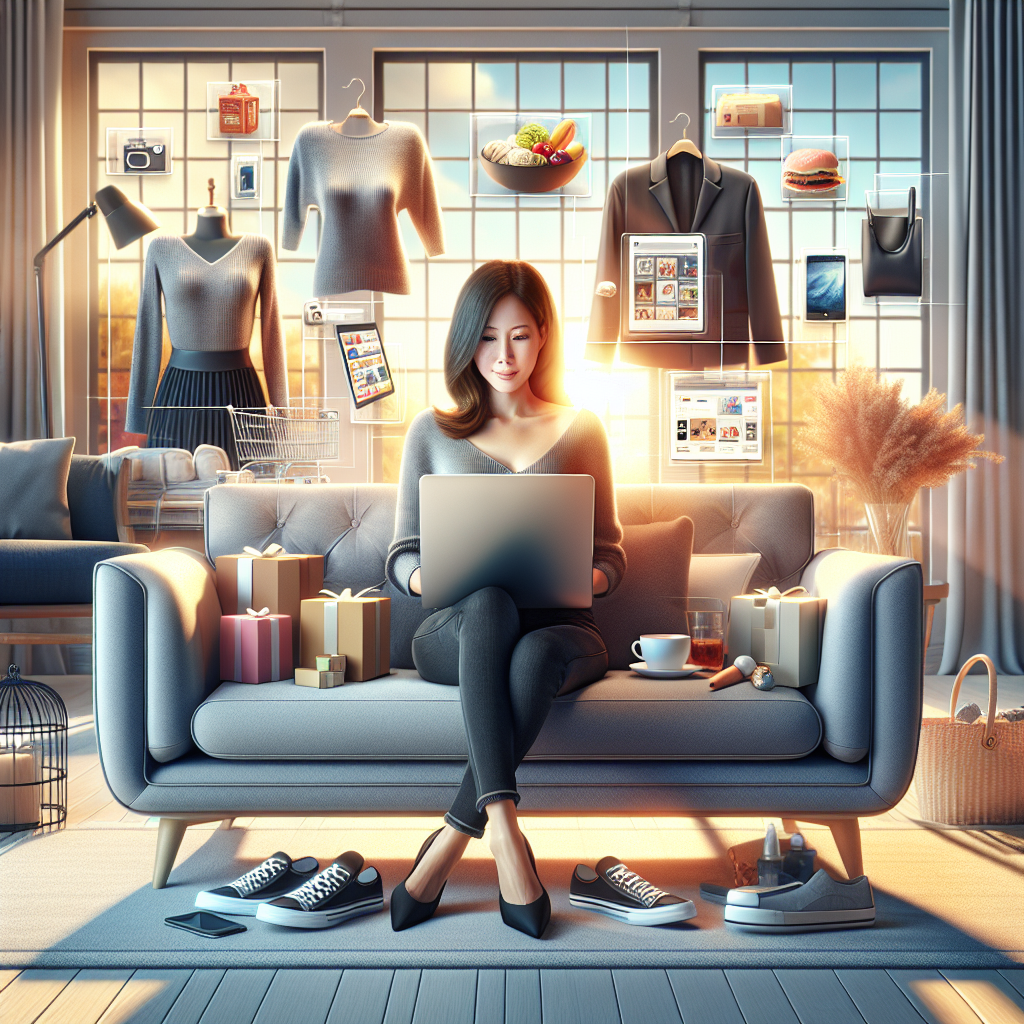 Person on a couch with a laptop amidst various shopping items, showing the benefits of online shopping.