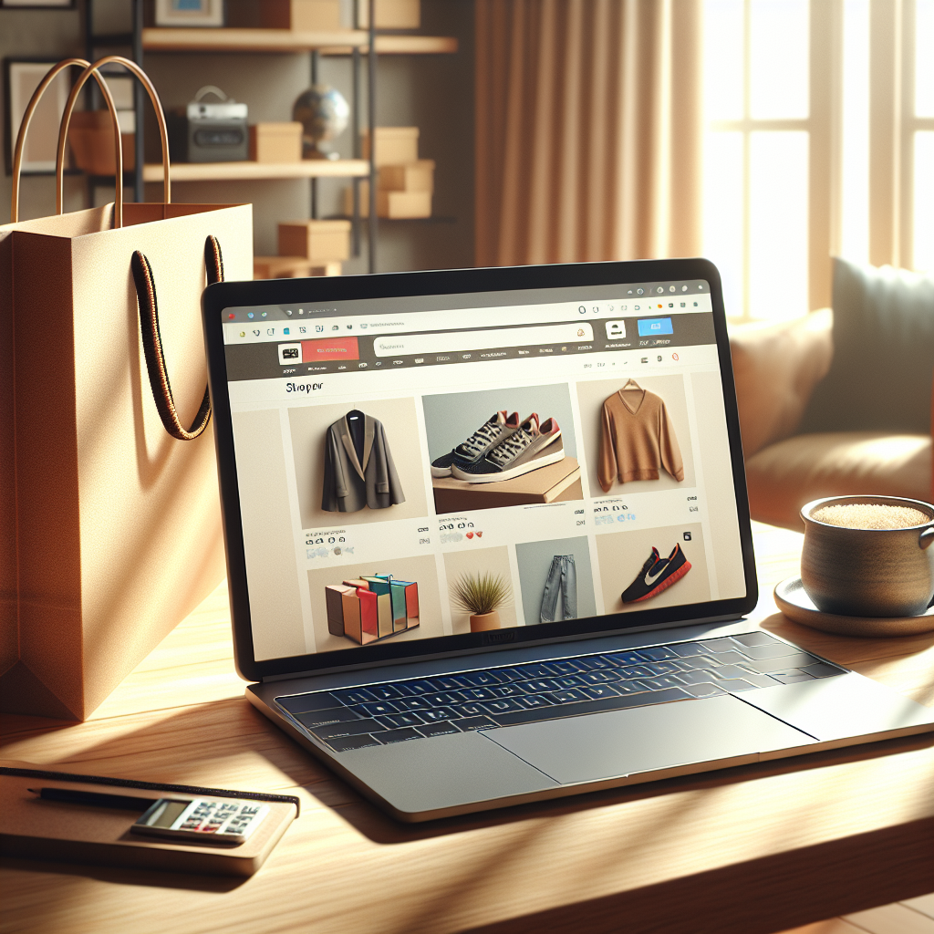 A laptop on a desk displaying a shopping website with items like shoes, clothes, and electronics, surrounded by shopping bags and a coffee cup.