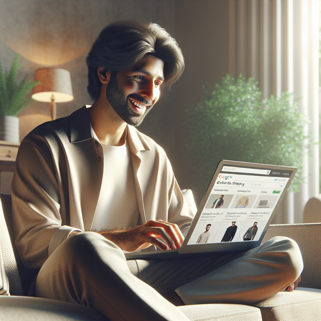 A realistic depiction of a person shopping online from the comfort of their home, using a laptop on a cozy couch.