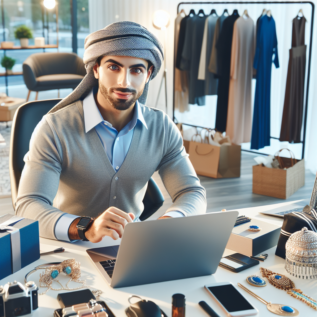 A person shopping online at a desk surrounded by various shopping items.