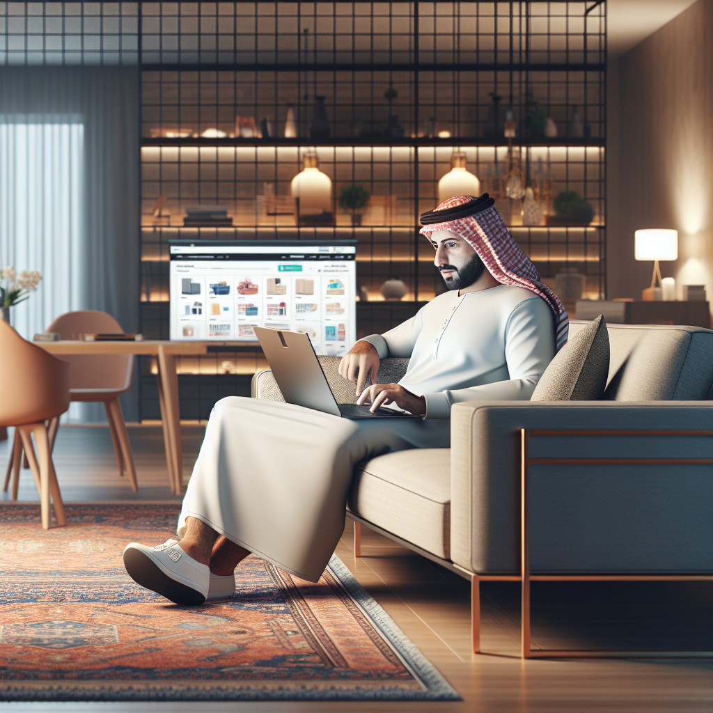 A person sitting on a couch using a laptop for online shopping in a cozy home setting.