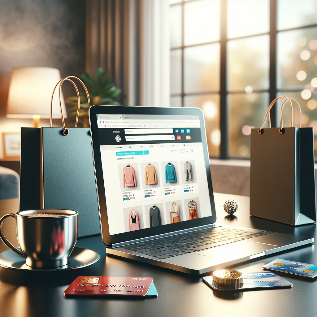 A laptop on a table with shopping accessories, depicting online shopping.