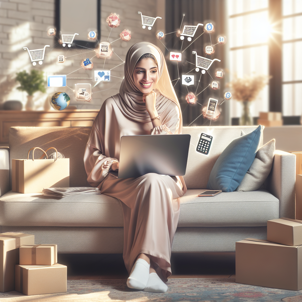 Person online shopping on a laptop at home, surrounded by packages and shopping icons.