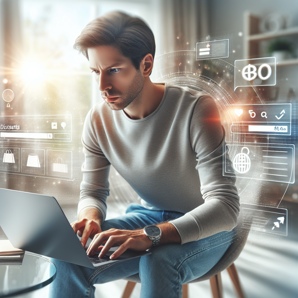 A realistic image of a person shopping online, surrounded by online shopping symbols in a modern, well-lit room.