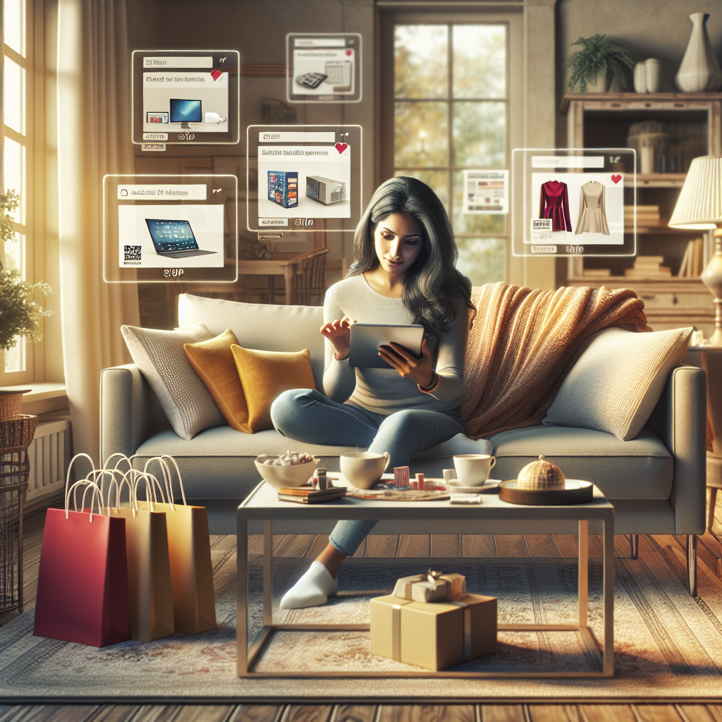 A cozy living room with a woman shopping online on her device, showcasing various products.