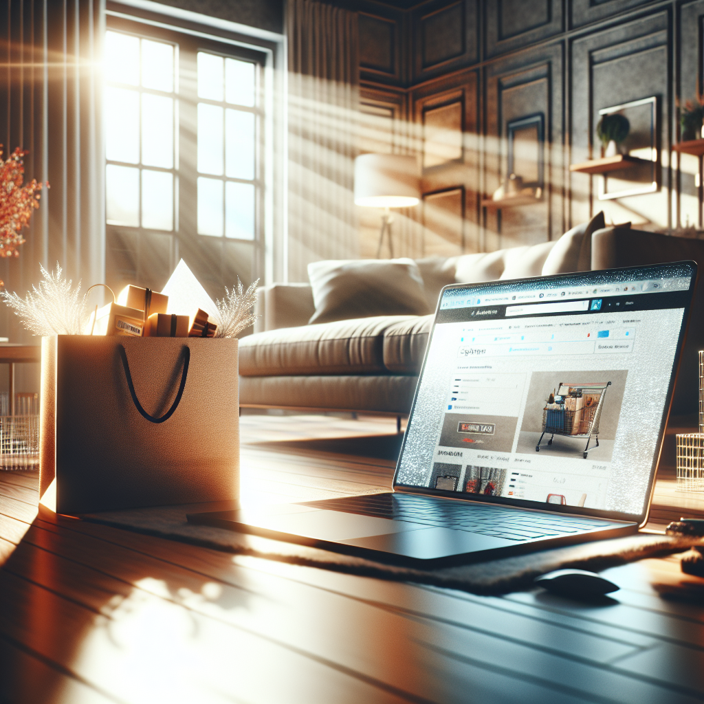 Realistic image of an online shopping setup in a cozy home environment.