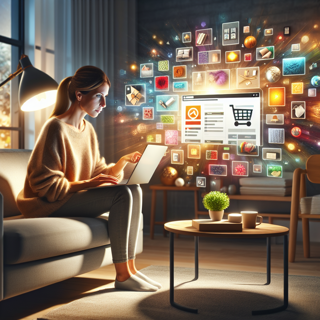 A person sitting on a couch using a laptop to shop online in a cozy, well-lit room.