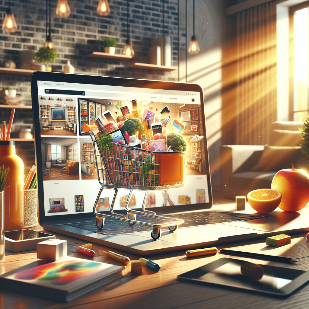 A realistic depiction of online shopping with a laptop displaying an e-commerce site and a shopping cart filled with various items in a cozy home setting.